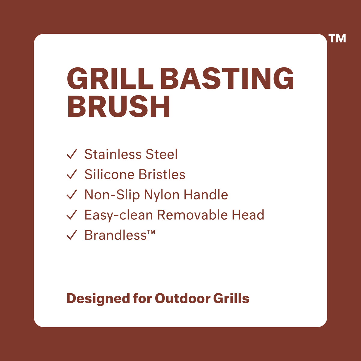 Grill Basting Brush: stainless steel, silicone bristles, non-slip nylon handle, easy-clean removable head, Brandless. Designed for outdoor grills.