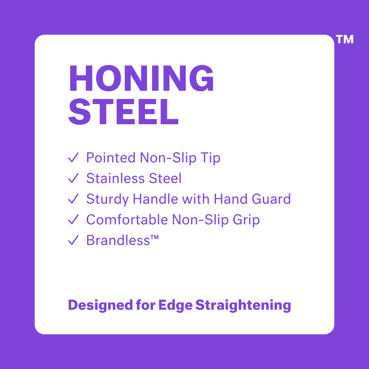 Honing steel: pointed non-slip tip, stainless steel, sturdy handle with hand guard, comfortable non-slip grip, brandless. Designed for edge straightening.