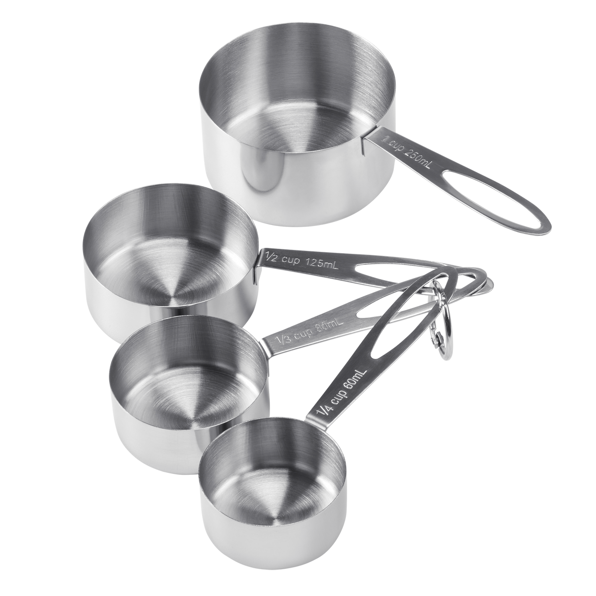 Product photo, showing all four sizes of stainless steel measuring cups.