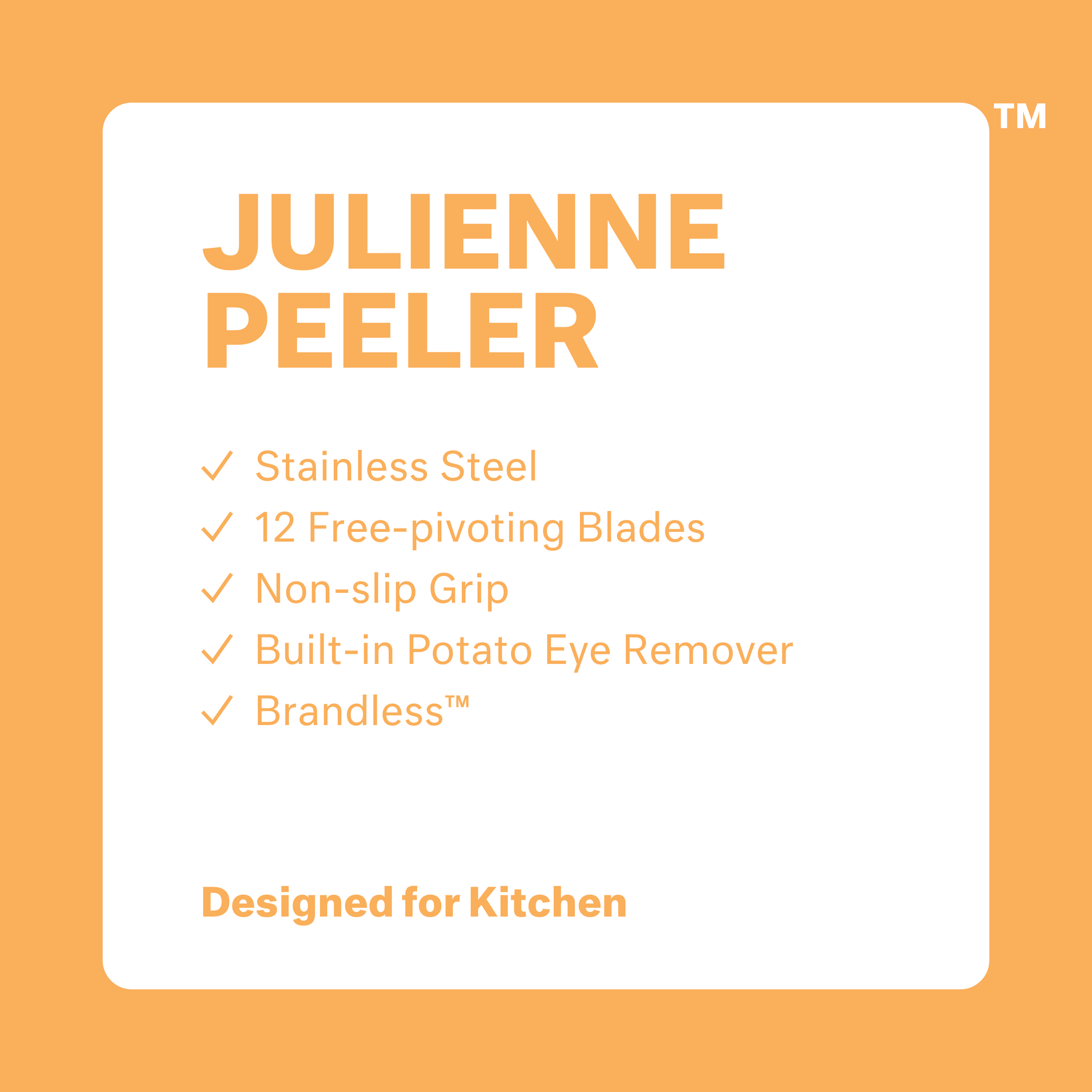 Julienne Peeler: stainless steel, 12 free-pivoting blades, non-slip grip, built-in potato eye remover. Brandless. Designed for kitchen. Green handle.