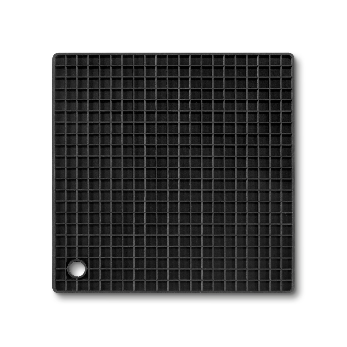 Top view of black silicone trivet showing grid pattern and hanging hole.