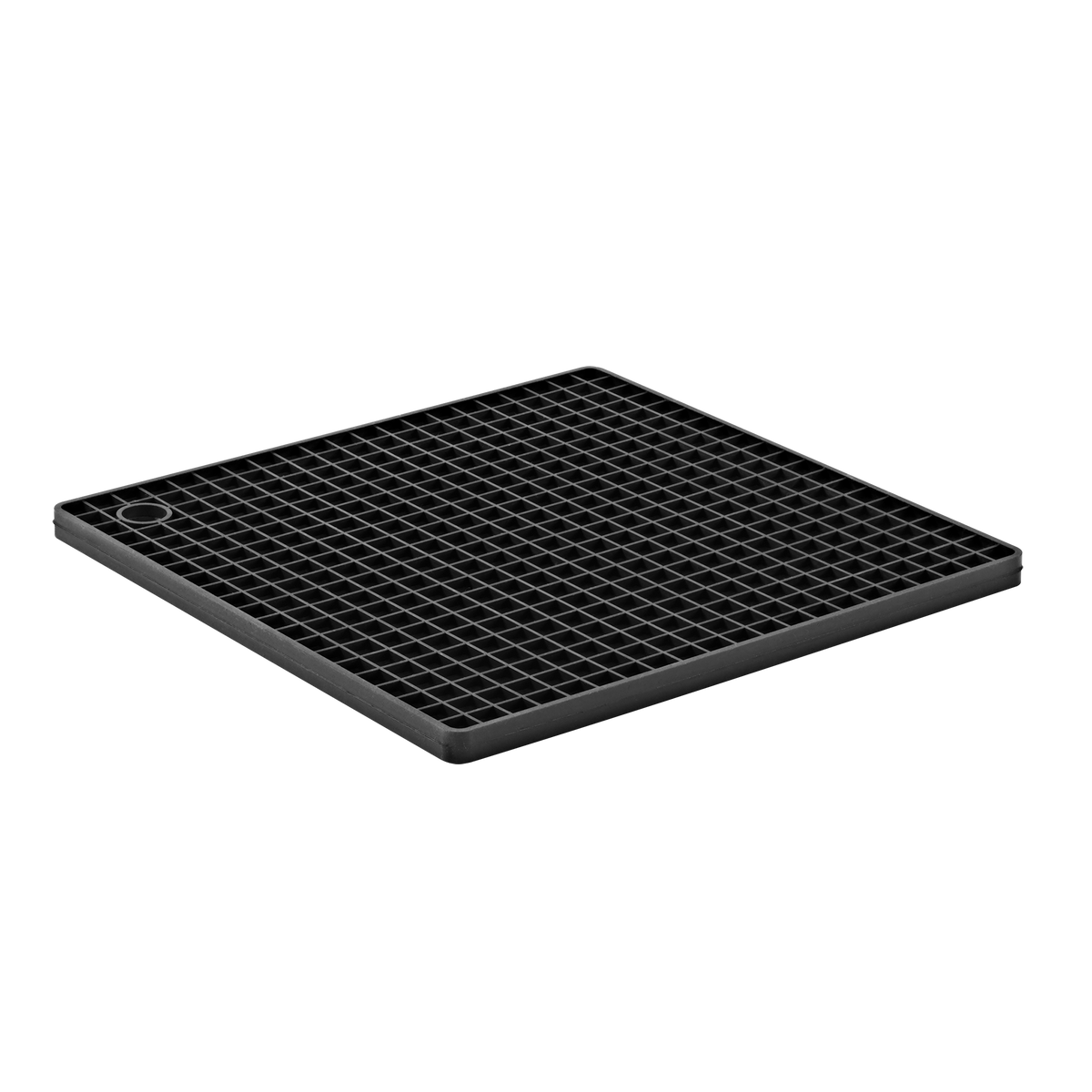 3/4 view, black silicone trivet showing grid pattern and hanging hole.