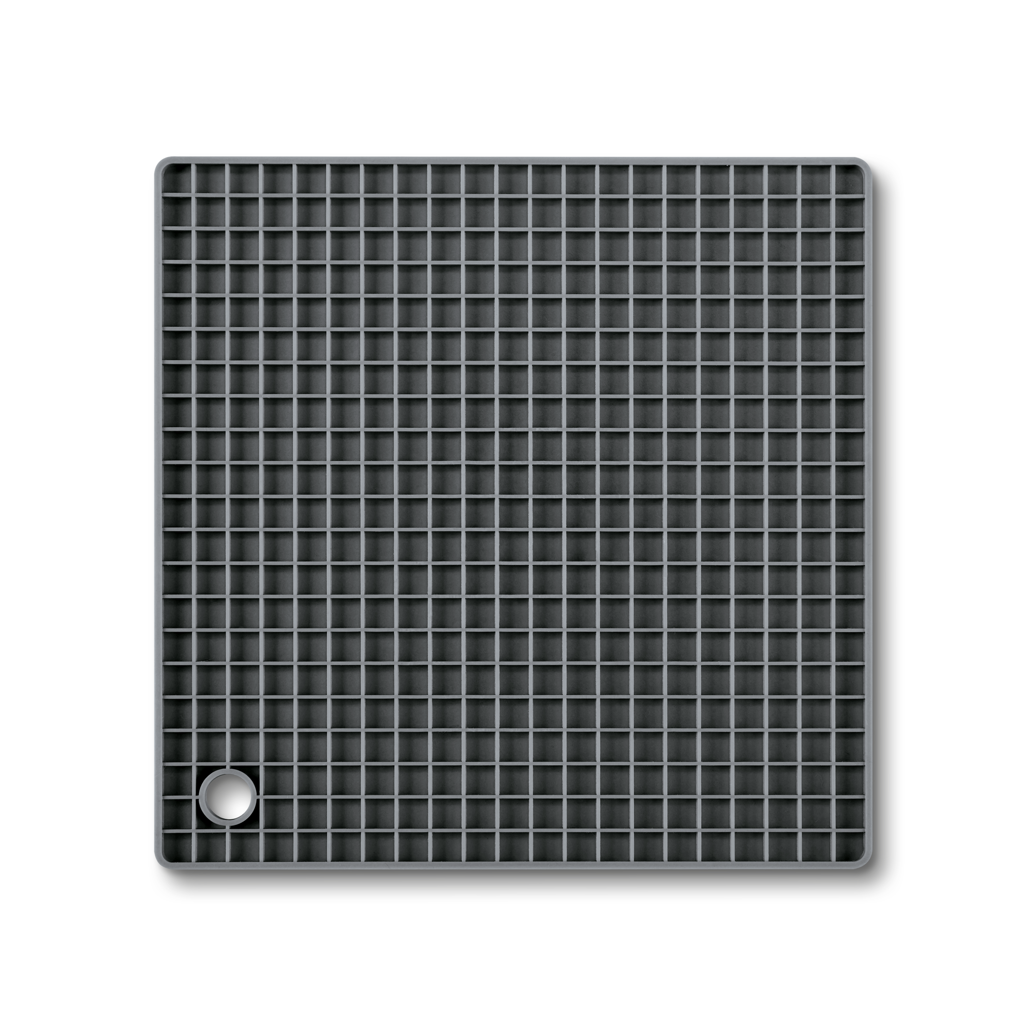 3/4 view, gray silicone trivet showing grid pattern and hanging hole.