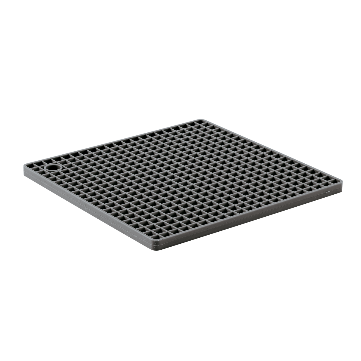 3/4 view, gray silicone trivet showing grid pattern and hanging hole.