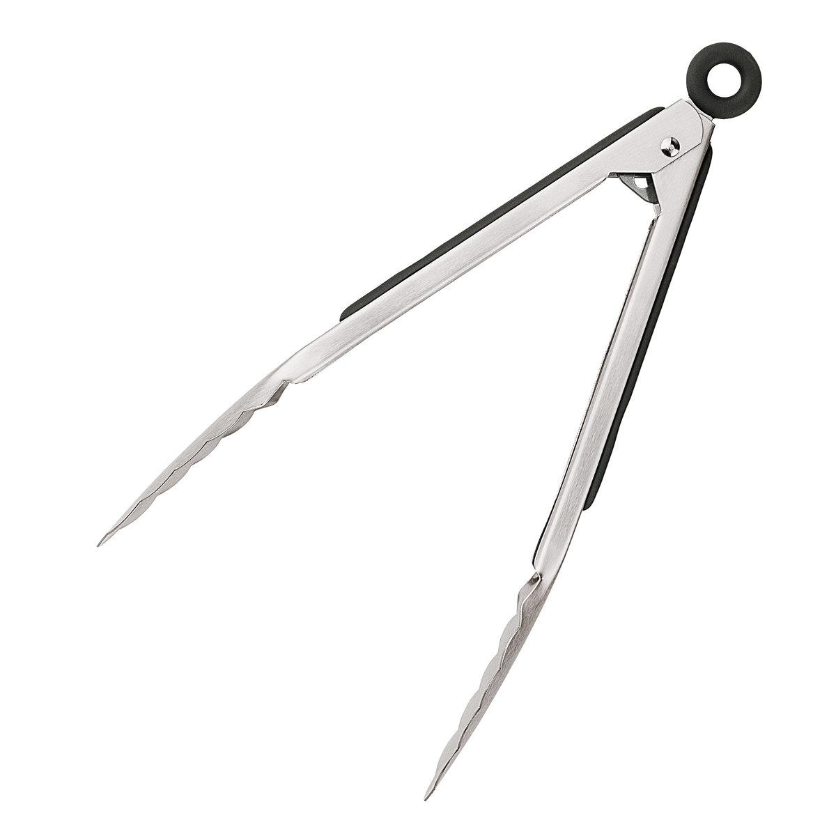 Product photo, side view, 9 inch stainless steel tongs in their open position.