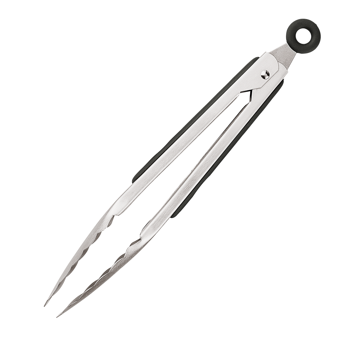 Product photo, side view, 9 inch stainless steel tongs, in closed and locked position.