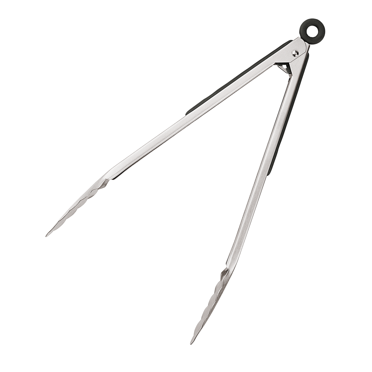 Product photo, side view, 12 inch stainless steel tongs in their open position.