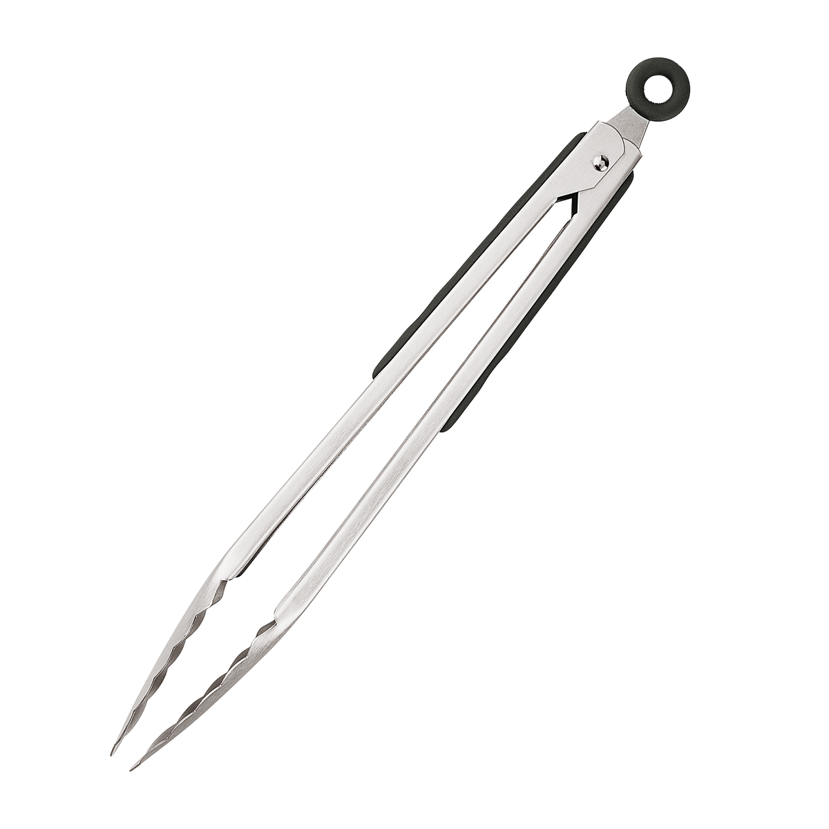 Product photo, side view, 12 inch stainless steel tongs, in closed and locked position..