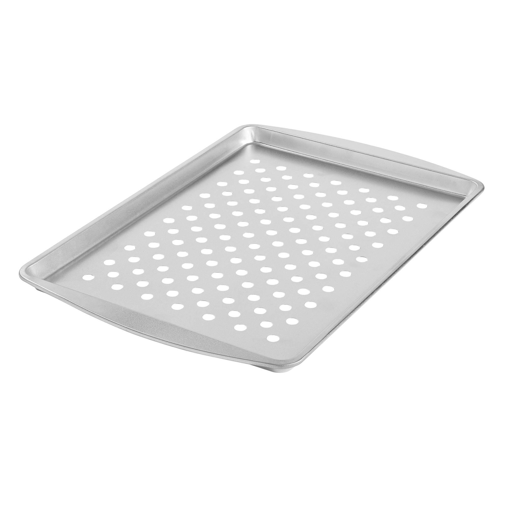 Grill top tray. Perforated surface. Steel construction. Made in USA. For grilling small and tender foods. Brandless. Designed for outdoor grills.