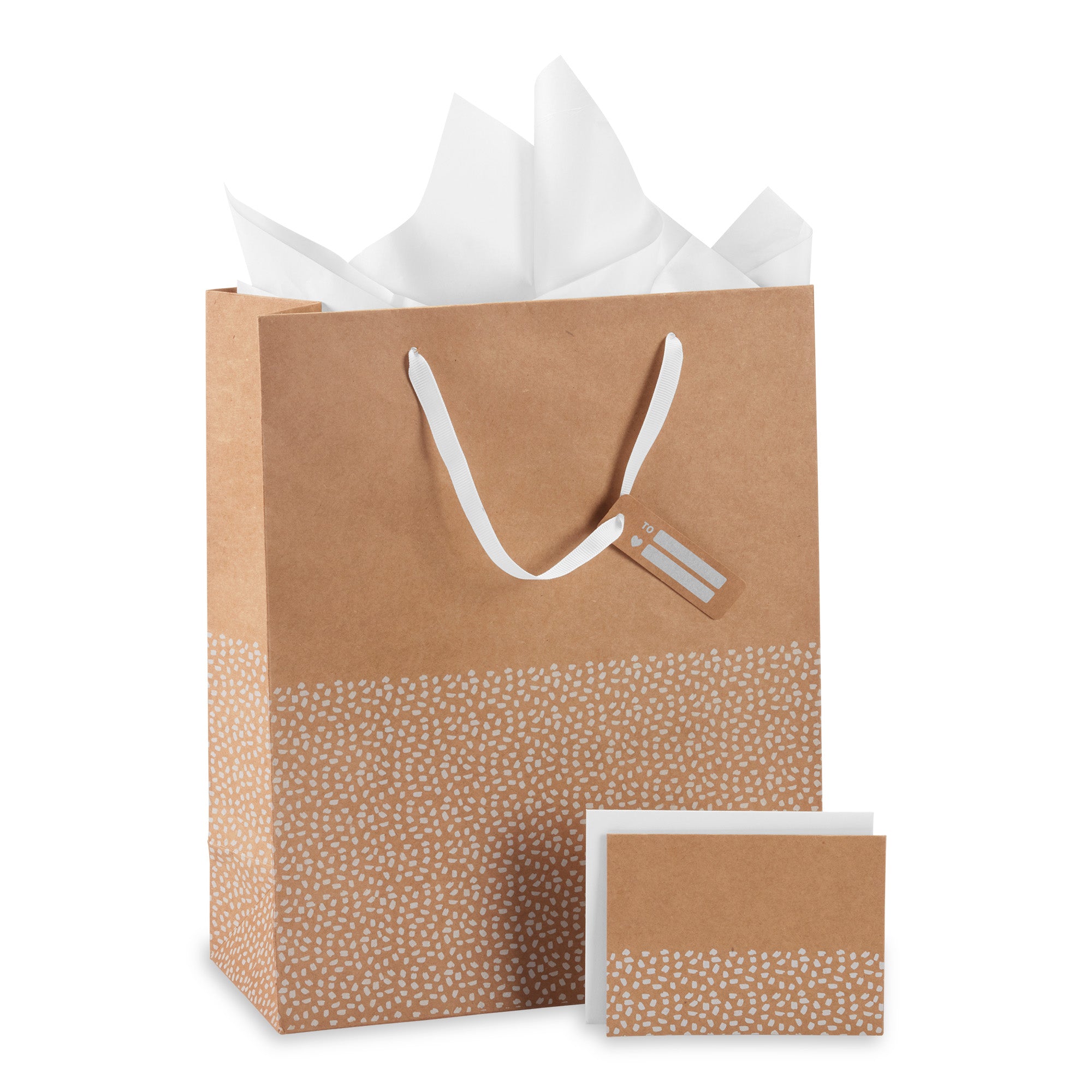 Brown paper gift bag with white ink printed details on the bottom portion.  Includes tissue paper, to-from tag, and note with envelope.