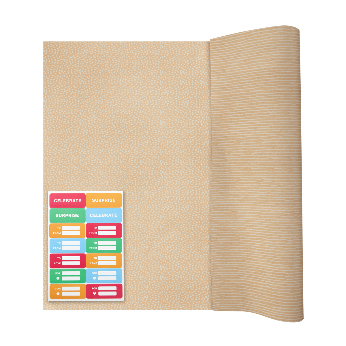 Front view, gift wrap paper and sticker set.  Stickers are various colors and include: celebrate, surprise, to/from, and for/heart icon.  Paper is brown with white dots or line printing in a lighthearted casual style.