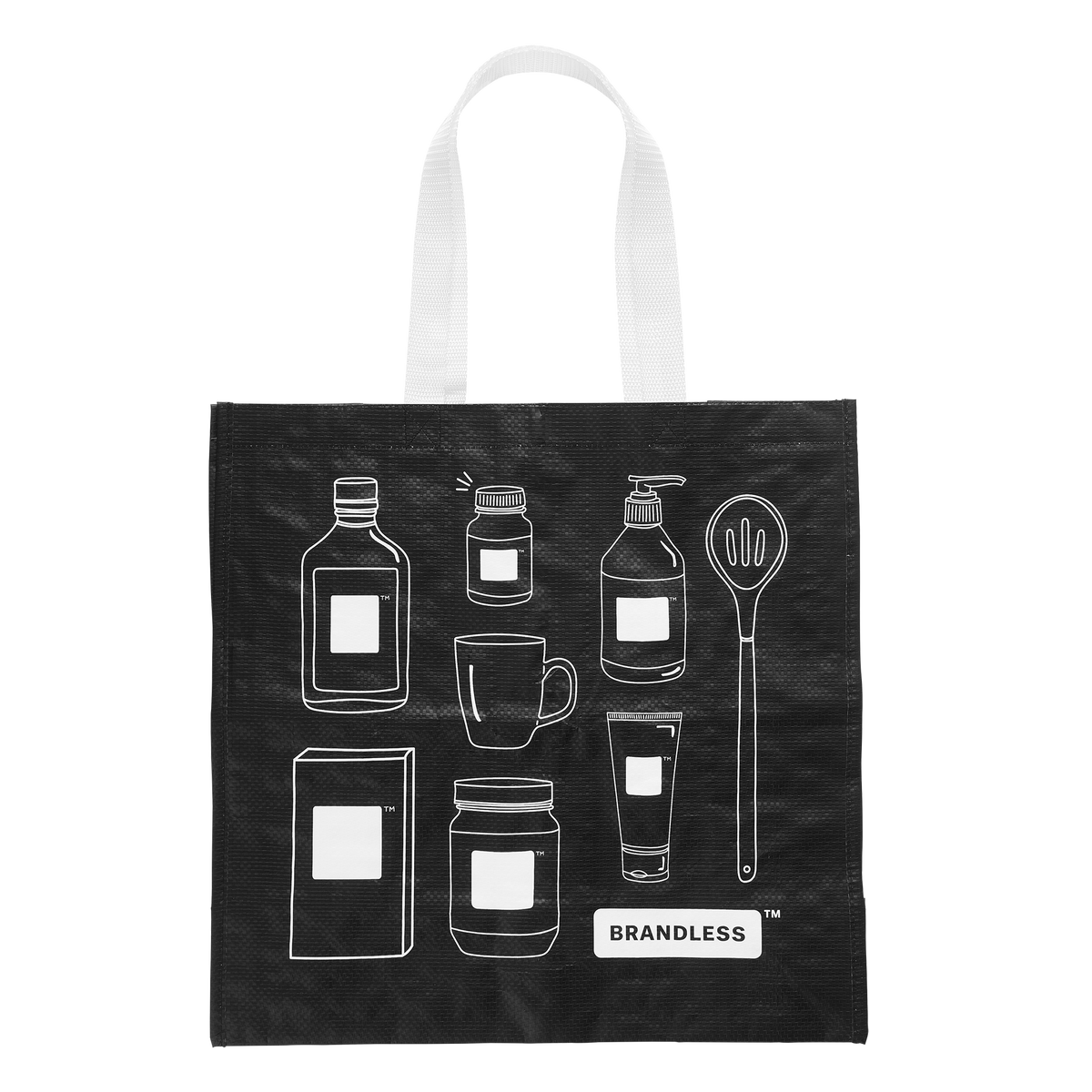Black back, other side, line art of brandless products with small brandless logo