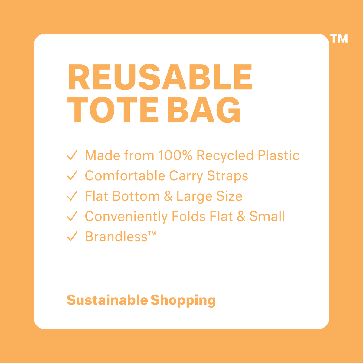 Reusable Tote Bag: Made from 100% recycled plastic. Comfortable carry straps. Flat bottom and large size. Conveniently folds flat and small. Brandless. Sustainable Shopping. Set of 2 bags.