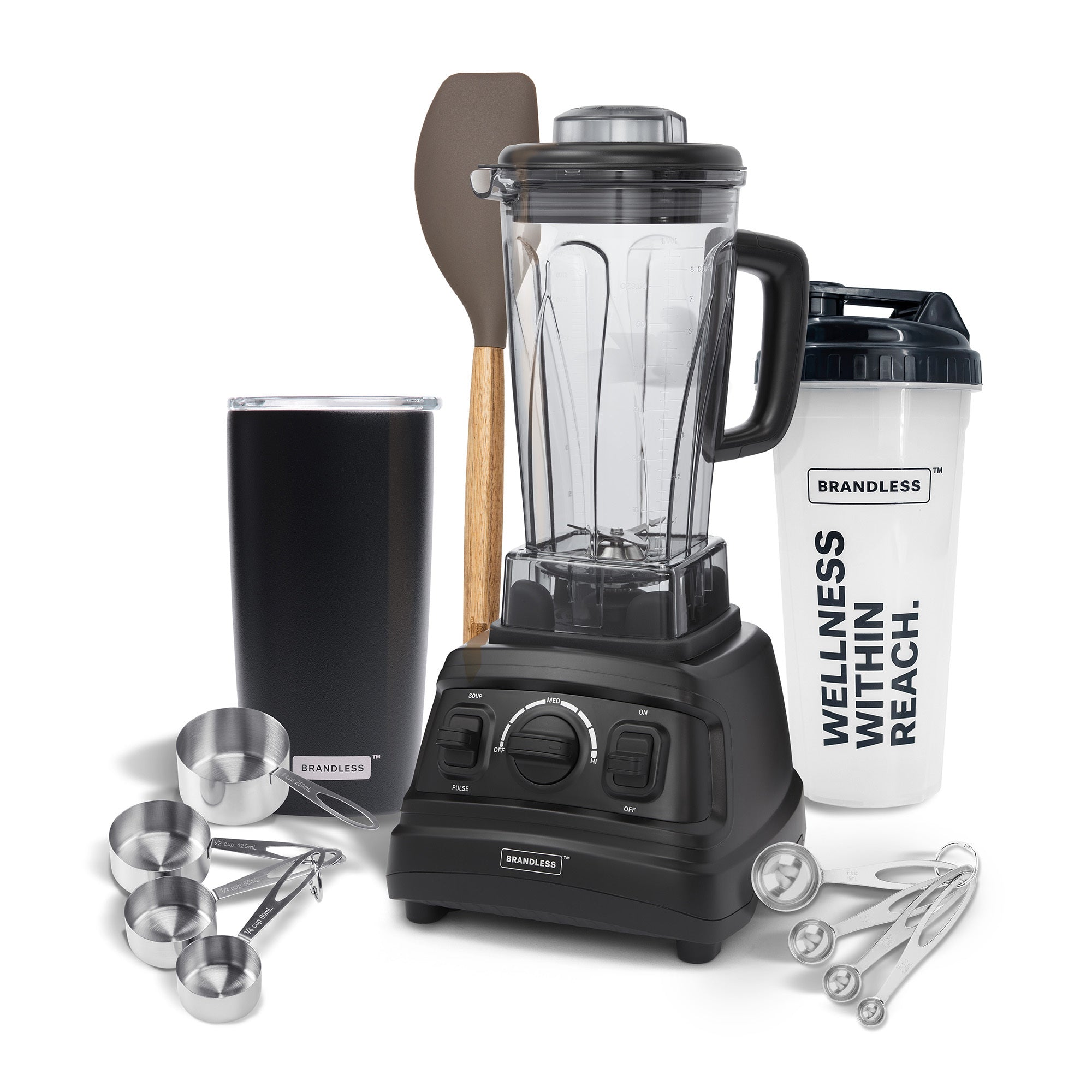 Pro-blender, measuring cups and spoons, silicone spatula, stainless steel tumbler, and shaker bottle with wellness within reach screenprinted on it.