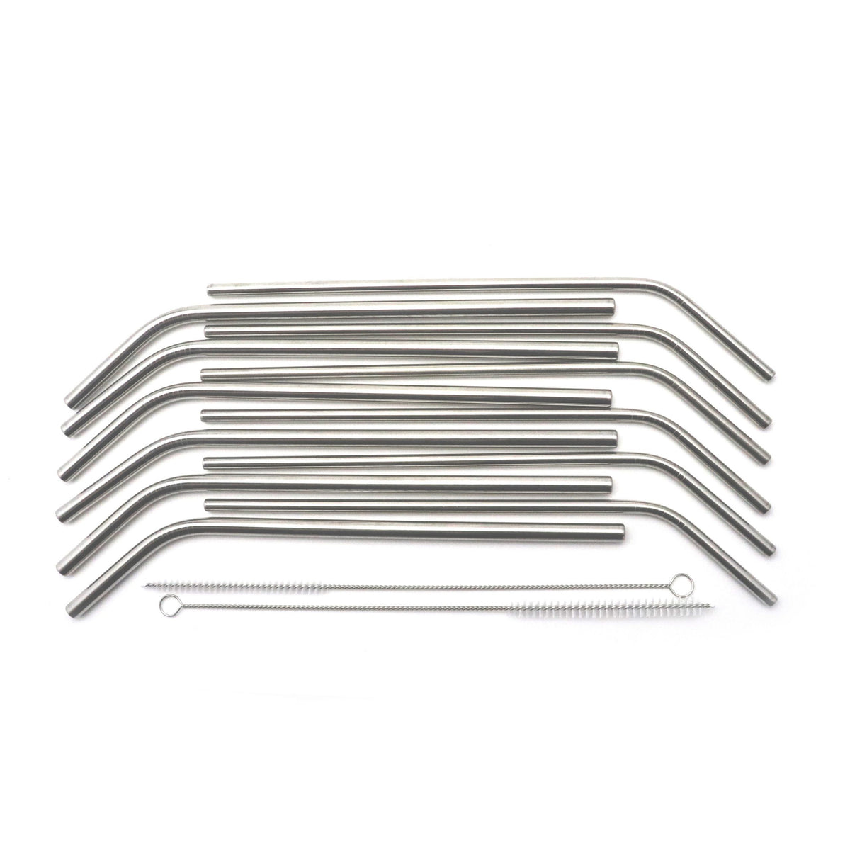 Metal straw set, top view, showing small and large sizes and cleaning brushes.