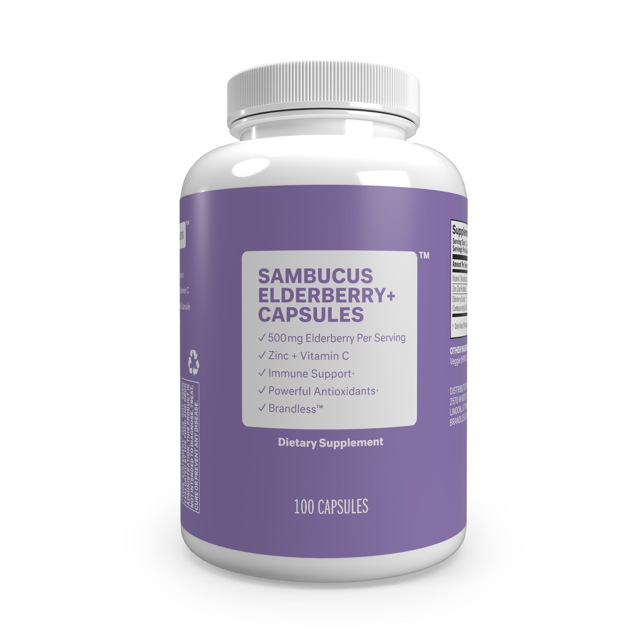Sambucus Elderberry+ Capsules. 500mg elderberry per serving. Zinc + Vitamin C. Immune Support. Powerful Antioxidants*. Brandless. Dietary Supplement. 100 Capsules. Bottle front.