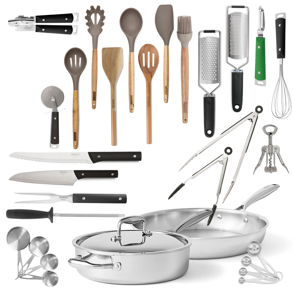 Image of all the products in the bundle, top view.  Includes an array of silicone utensils, kitchen prep tools, and cookware.