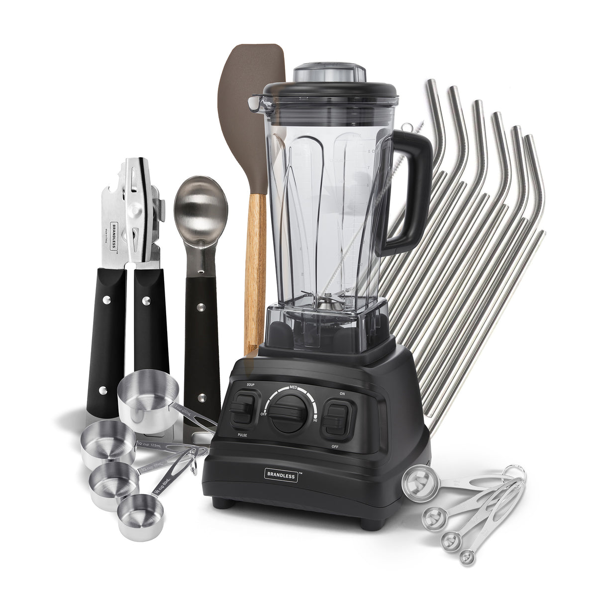 Bundle contents image, blender, straws, measuring cups and spoons, can opener, and ice cream scoop.