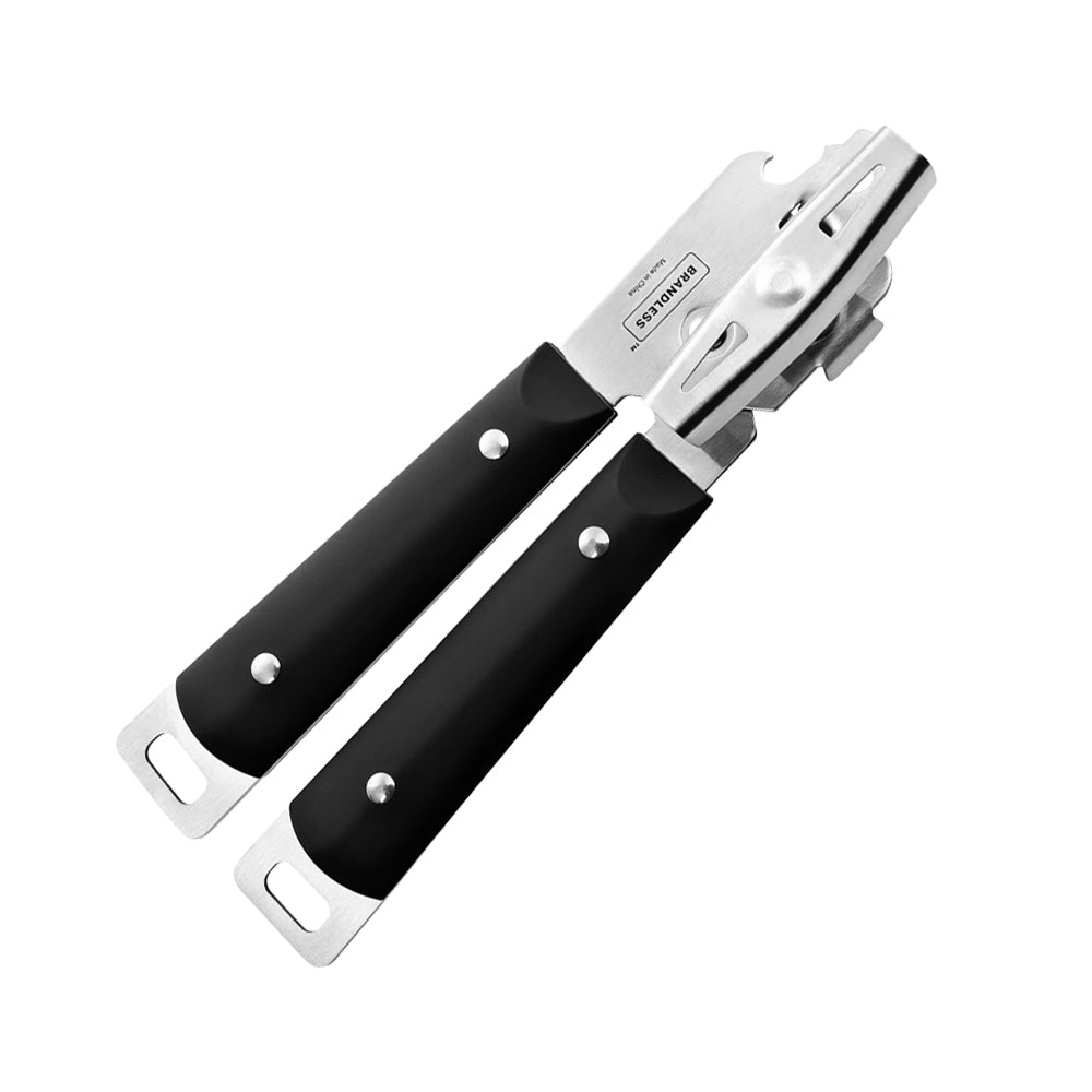 Top view, brandless stainless steel can opener with riveted handles and large spinning knkob for leverage, includes bottle opener.