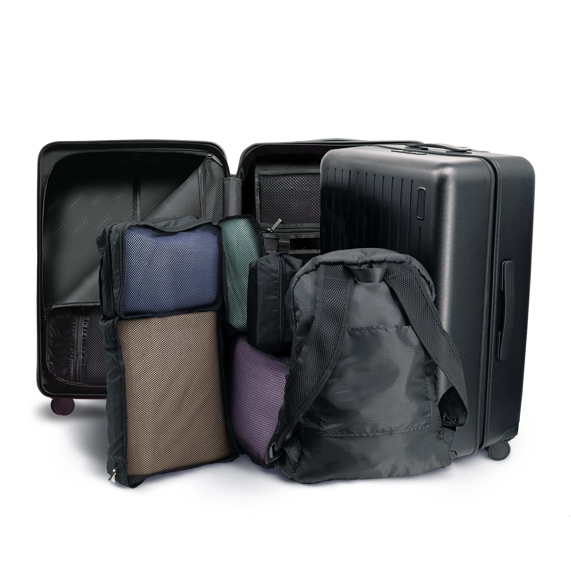 Bundle image, showing 2 checked luggages, foldable backpack, set of travel cubes, and travel pouch.