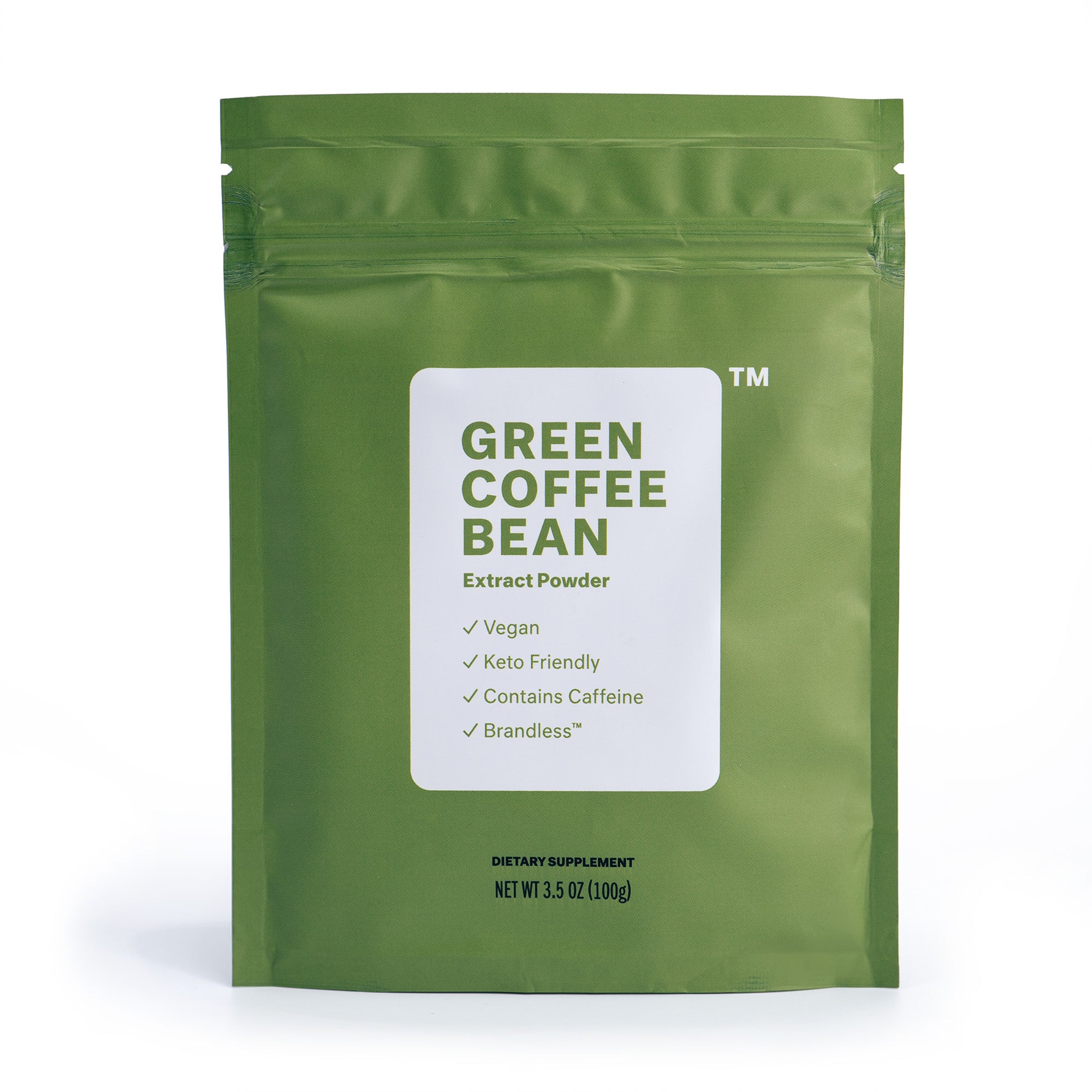 Green Coffee Bean Extract Powder, product photo of bag with bowl of green powder in foreground.  Vegan, keto friendly, contains caffeine, brandless.  Dietary supplement, net. wt. 3.5oz (100g).