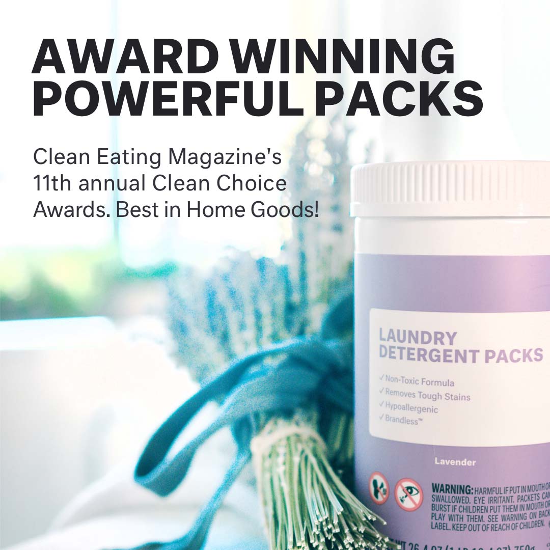 Award winning powerful packs. Clean Eating Magazine&#39;s 11th annual clean choice awards. Best in Home Goods! Landry detergent packs, lavender scent.