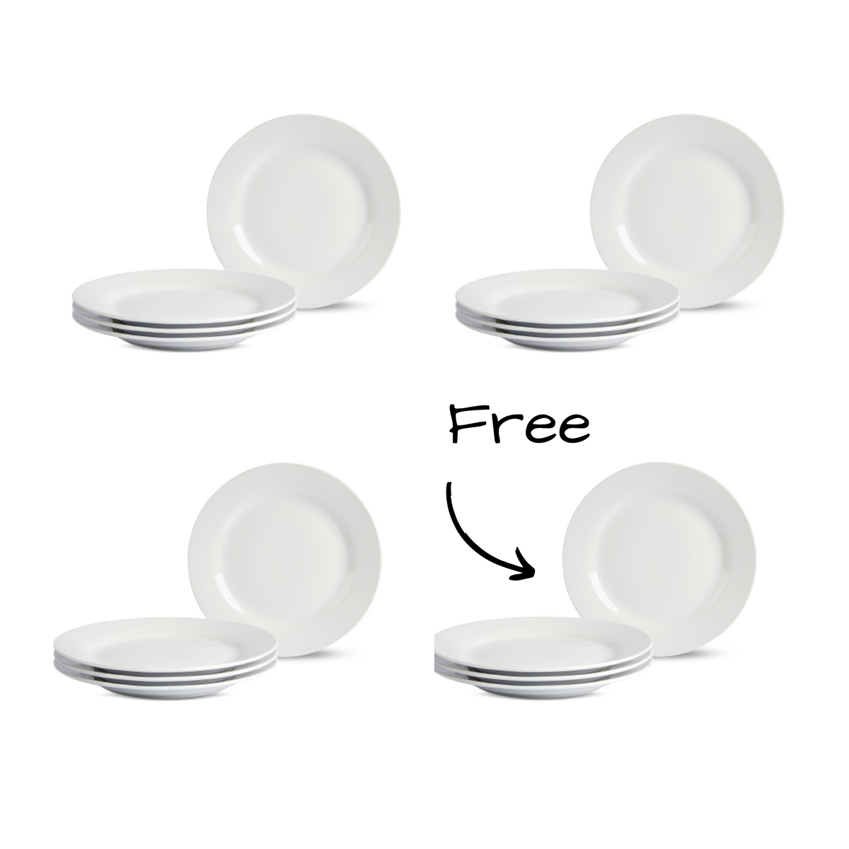 Buy 12 get 4 free! Front view, 4 sets of stacked salad plates and upright plates arranged in a square.
